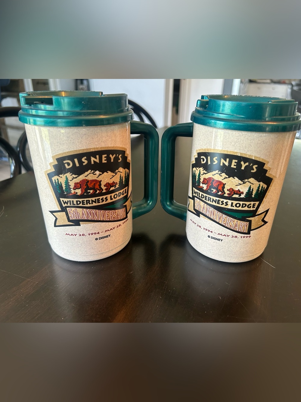 Rare Vintage 1999 Disney Wilderness Lodge 5th Anniversary Refillable Mugs Pair